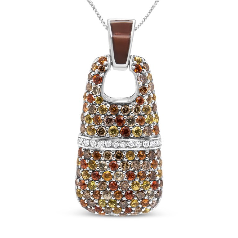 .925 Sterling Silver Brown Enamel 1 Cttw White And Brown Diamonds And 1.5mm Yellow And Orange Sapphire Gemstones Statement 18" Pendant Necklace - Silver