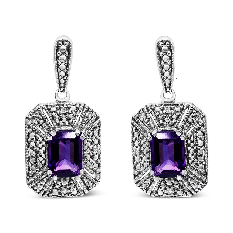.925 Sterling Silver Diamond Accent And 7x5mm Purple Amethyst Stud Earrings - I-J Color, I2-I3 Clarity - Silver