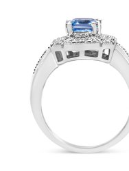 .925 Sterling Silver Diamond Accent and 8X6 mm Emerald-Shape Blue Topaz Ring - I-J Color, I2-I3 Clarity - Ring Size 7