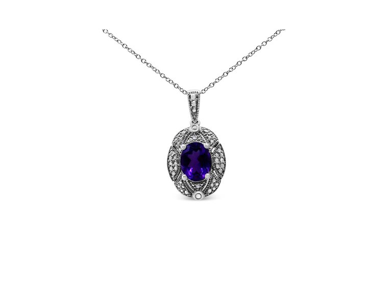 .925 Sterling Silver Diamond Accent And 9 x 7 mm Purple Oval Amethyst Gemstone Pendant 18" Necklace - I-J Color, I1-I2 Clarity