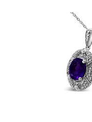 .925 Sterling Silver Diamond Accent And 9 x 7 mm Purple Oval Amethyst Gemstone Pendant 18" Necklace - I-J Color, I1-I2 Clarity