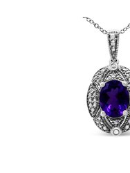 .925 Sterling Silver Diamond Accent And 9 x 7 mm Purple Oval Amethyst Gemstone Pendant 18" Necklace - I-J Color, I1-I2 Clarity - Sterling Silver