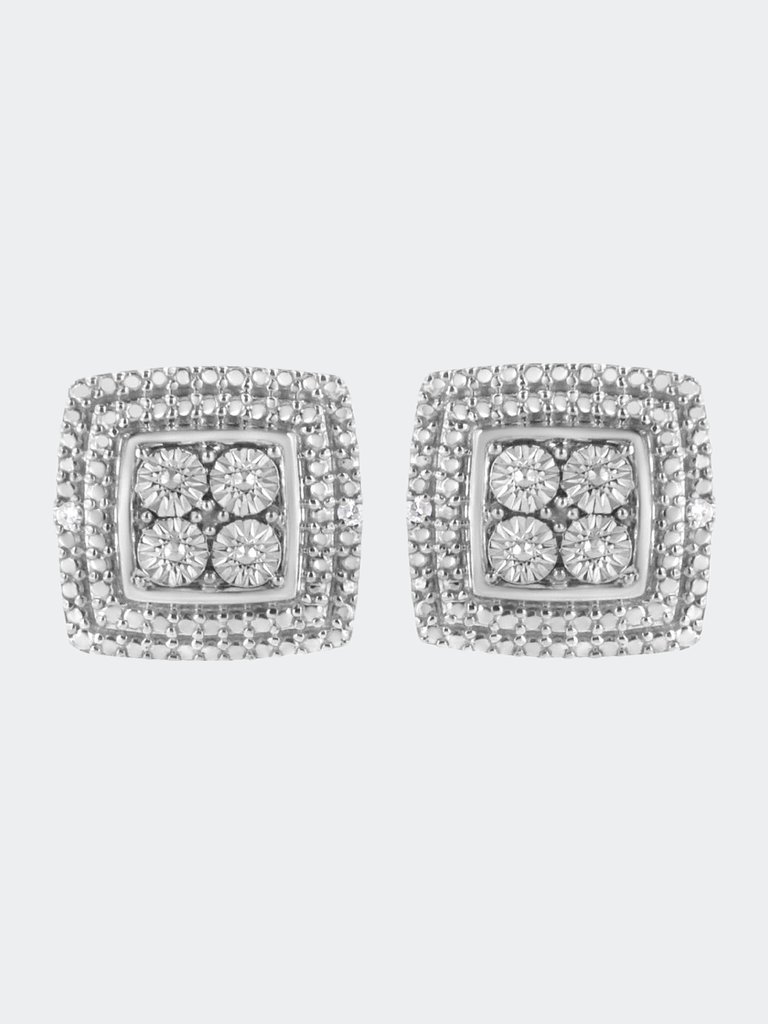 .925 Sterling Silver Diamond Accented Square Shaped Milgrain Stud Earrings