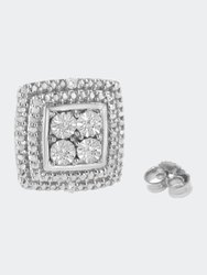 .925 Sterling Silver Diamond Accented Square Shaped Milgrain Stud Earrings