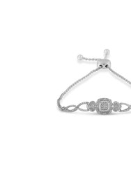 .925 Sterling Silver Diamond Cushion Frame Heart - Sides Twist 4” - 10” Adjustable Bolo Tennis Bolo Bracelet