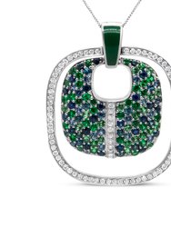 .925 Sterling Silver Green Enamel Pendant With 1/2 Cttw Diamond, Sapphire, And Tsavorite Openwork Statement 18" Pendant Necklace - Silver