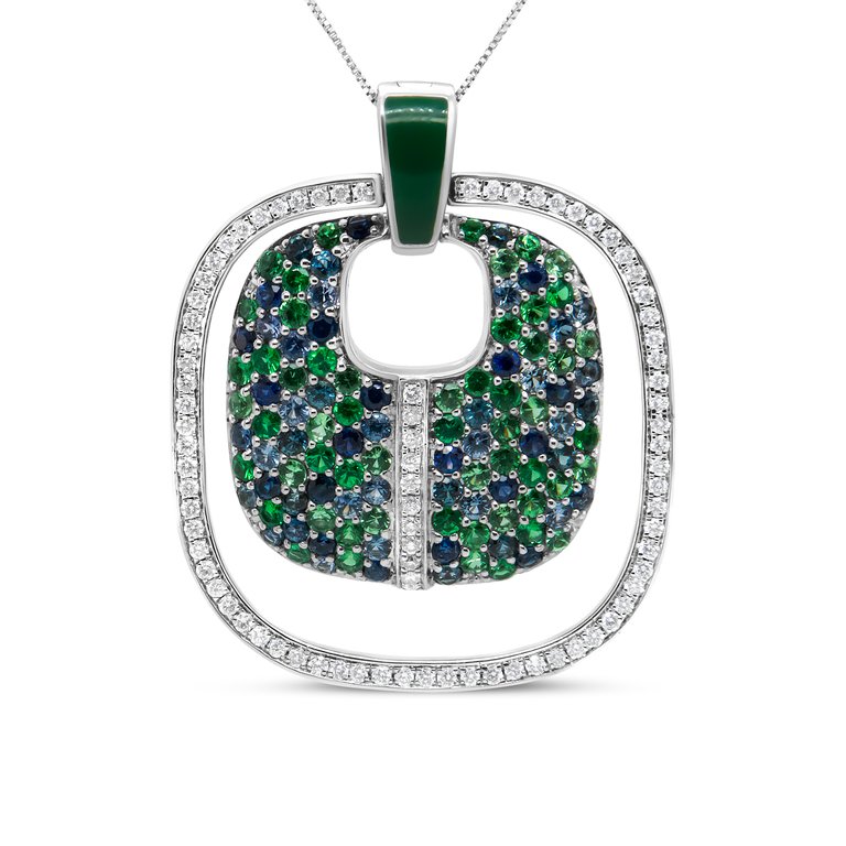 .925 Sterling Silver Green Enamel Pendant With 1/2 Cttw Diamond, Sapphire, And Tsavorite Openwork Statement 18" Pendant Necklace - Silver
