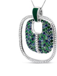 .925 Sterling Silver Green Enamel Pendant With 1/2 Cttw Diamond, Sapphire, And Tsavorite Openwork Statement 18" Pendant Necklace