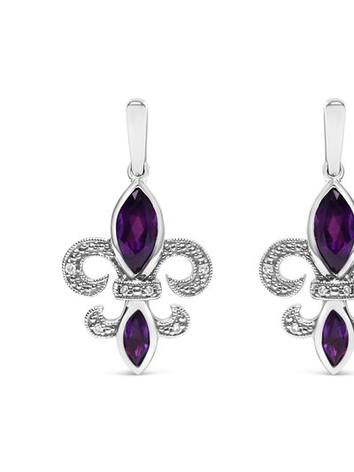 Haus of Brilliance .925 Sterling Silver Marquise Cut Amethyst And Diamond Accent Fleur De Lis Dangle Stud Earrings (H-I Color, SI1-SI2 Clarity) product