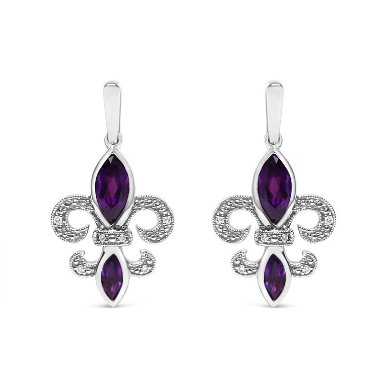 .925 Sterling Silver Marquise Cut Amethyst And Diamond Accent Fleur De Lis Dangle Stud Earrings (H-I Color, SI1-SI2 Clarity) - Silver