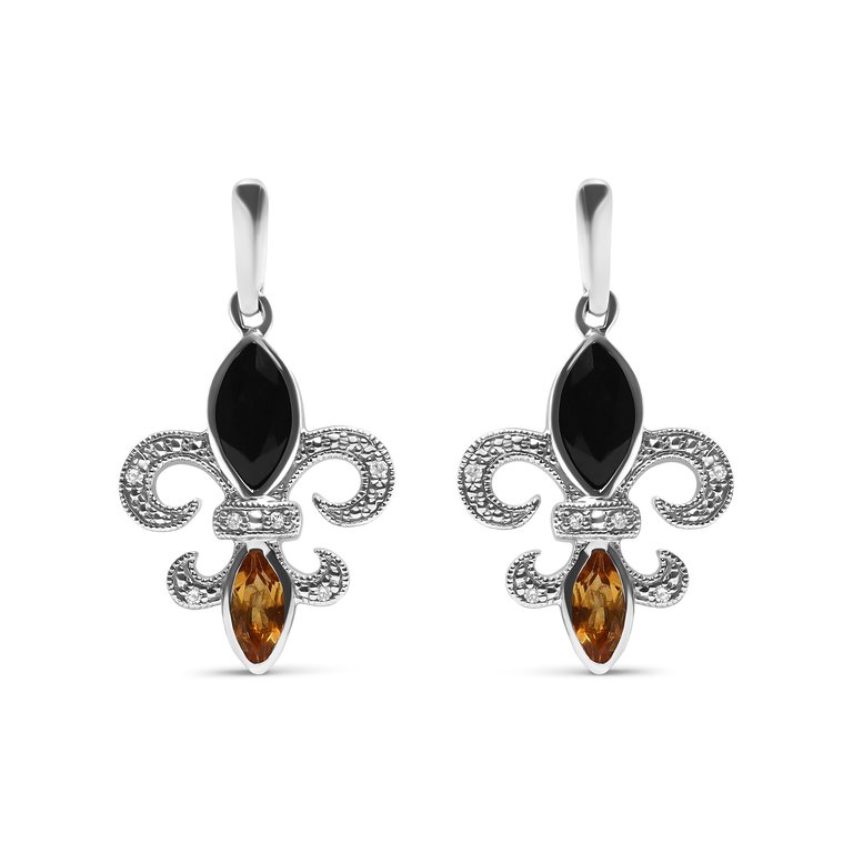 .925 Sterling Silver Marquise Cut Onyx And Citrine With Diamond Accent Fleur De Lis Drop Stud Earrings (H-I Color, SI1-SI2 Clarity) - Sliver