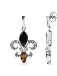 .925 Sterling Silver Marquise Cut Onyx And Citrine With Diamond Accent Fleur De Lis Drop Stud Earrings (H-I Color, SI1-SI2 Clarity)