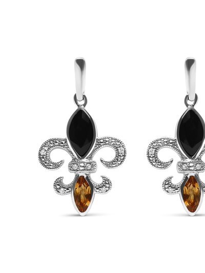 Haus of Brilliance .925 Sterling Silver Marquise Cut Onyx And Citrine With Diamond Accent Fleur De Lis Drop Stud Earrings (H-I Color, SI1-SI2 Clarity) product