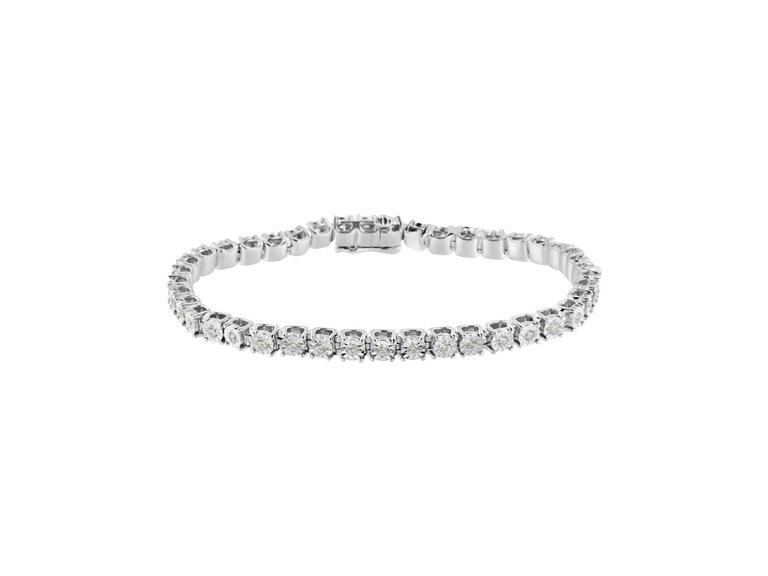 .925 Sterling Silver Miracle-Set Diamond Round Miracle Plate Tennis Bracelet - White