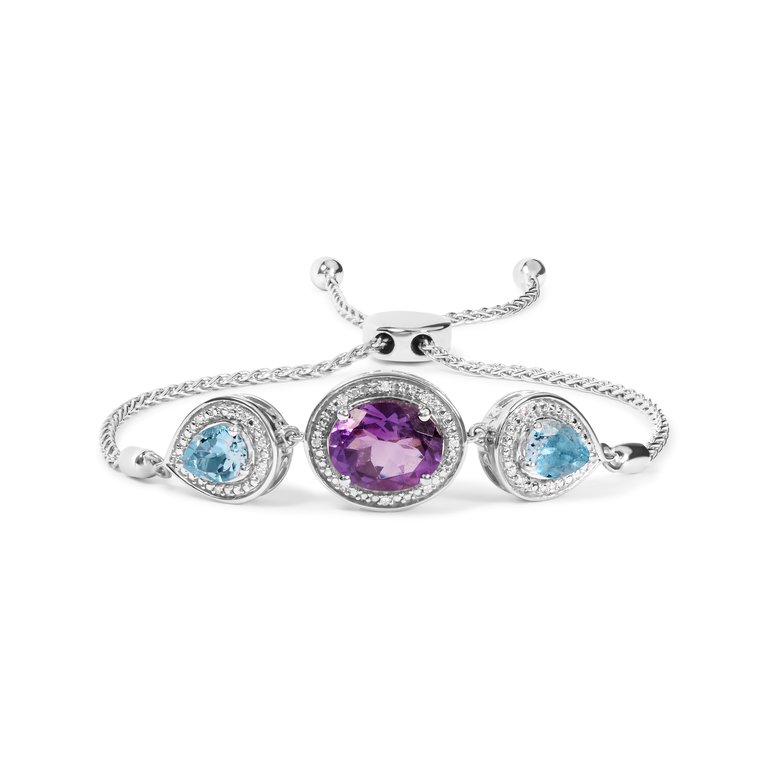 .925 Sterling Silver Oval Amethyst And Pear Blue Topaz With Diamond Accent Lariat 4"-10" Adjustable Bolo Bracelet (H-I Color, SI1-SI2 Clarity) - Sliver