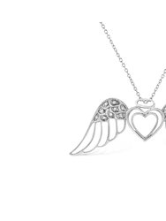 .925 Sterling Silver Pave-Set Diamond Accent Angel Wing 18" Double Heart Pendant Necklace - White