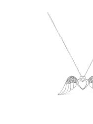 .925 Sterling Silver Pave-Set Diamond Accent Angel Wing 18" Double Heart Pendant Necklace