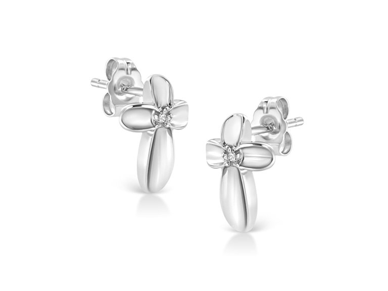 .925 Sterling Silver Prong Set Diamond Accent Floral Cross Stud Earring