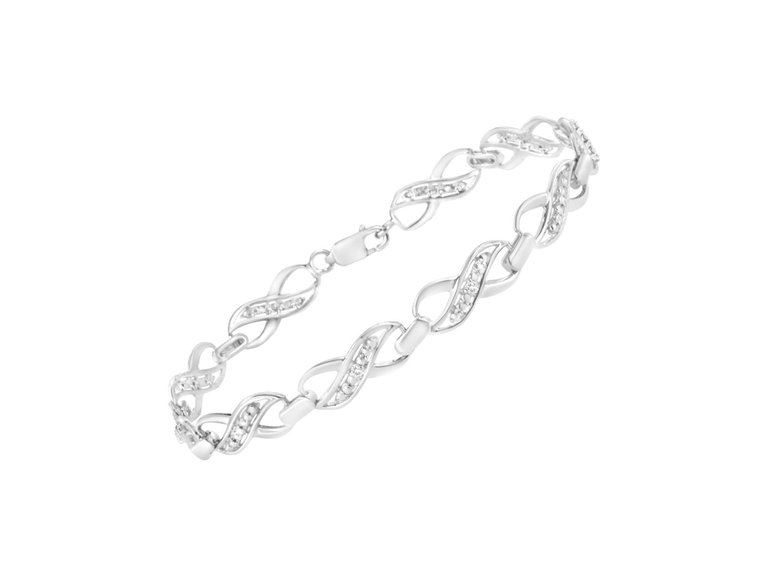 .925 Sterling Silver Prong Set Diamond Accent Ribbon and Infinity Link Bracelet