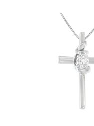 .925 Sterling Silver Prong Set Round-Cut Solitaire Diamond Accent Cross 18" Pendant Necklace