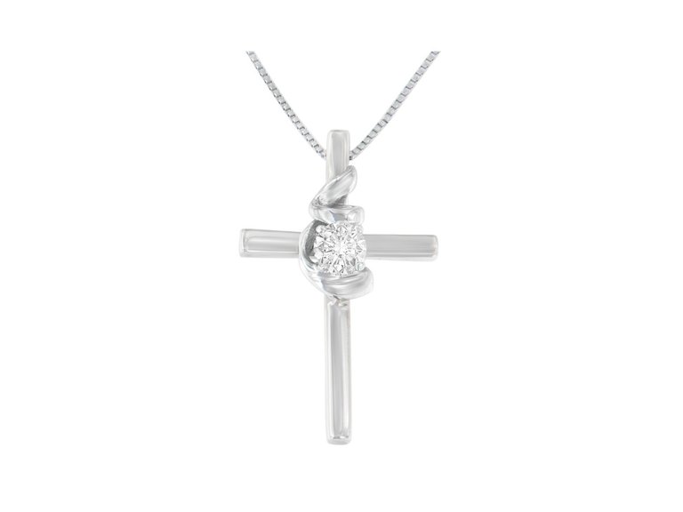 .925 Sterling Silver Prong Set Round-Cut Solitaire Diamond Accent Cross 18" Pendant Necklace