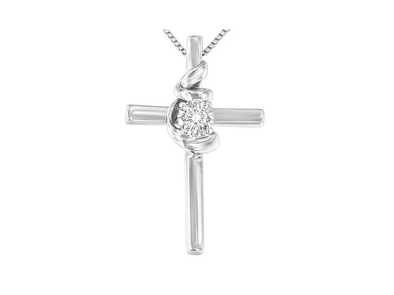 .925 Sterling Silver Prong Set Round-Cut Solitaire Diamond Accent Cross 18" Pendant Necklace - White