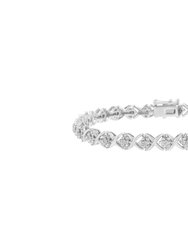 .925 Sterling Silver Round Cut Diamond Accent Floral Cluster and "X" Link Bracelet - White