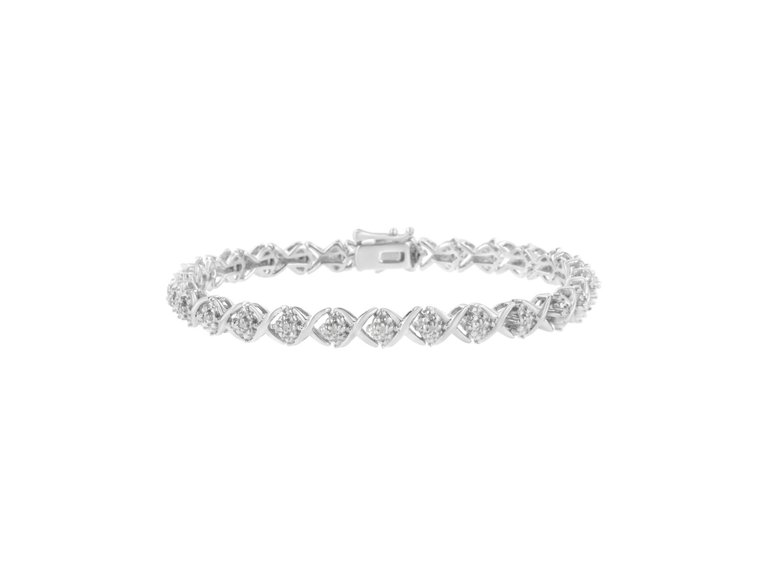 .925 Sterling Silver Round Cut Diamond Accent Floral Cluster and "X" Link Bracelet - White