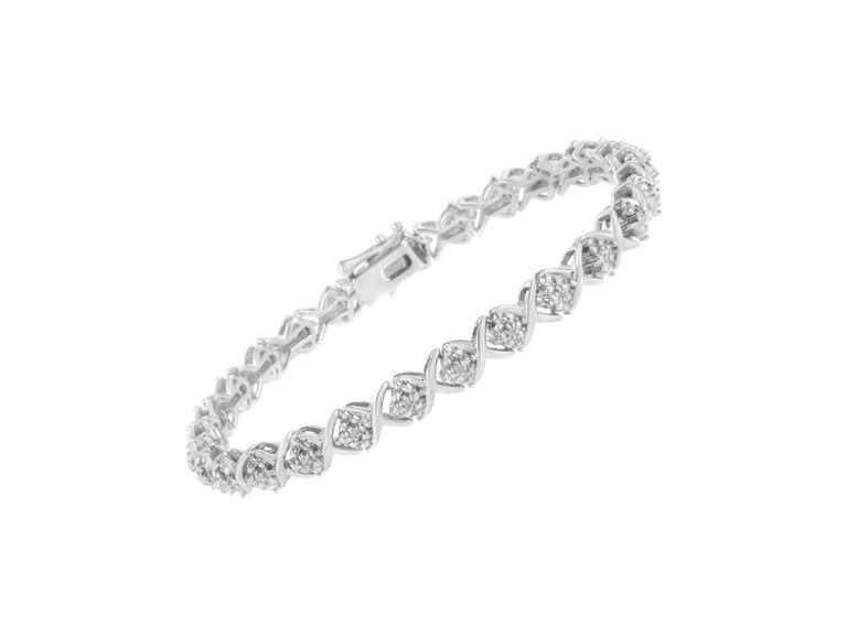 .925 Sterling Silver Round Cut Diamond Accent Floral Cluster and "X" Link Bracelet