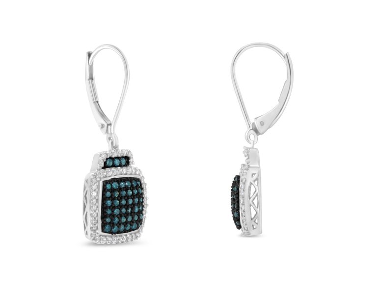 Black Rhodium Over .925 Sterling Silver ¾ Cttw Blue And White Diamond Cushion Shaped Dangle Earrings