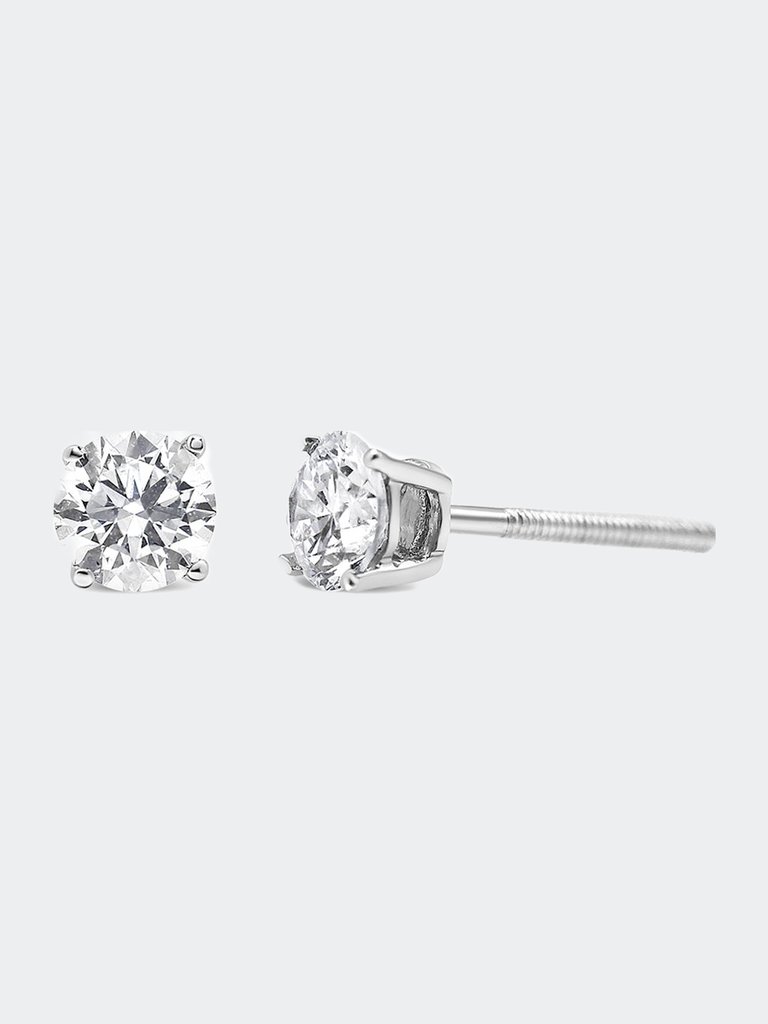 Black Rhodium Plated .925 Sterling Silver Round 1.0 Cttw Diamond Double Halo 4-Prong Solitaire Milgrain Stud Earrings - White