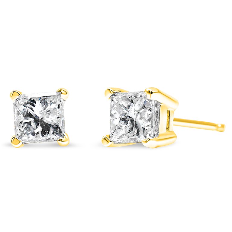 IGI Certified 1/2 Cttw Princess-Cut Square Diamond 4-Prong Solitaire Stud Earrings In 14K Yellow Gold - I-J Color, SI1-SI2 Clarity - Yellow Gold