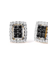 Men's 10K Yellow Gold 1.00 Cttw White And Black Diamond Emerald Shape Halo Stud Earring (Black / I-J Color, I2-I3 Clarity)