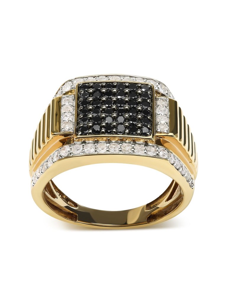 Men's 14K Yellow Gold Plated .925 Sterling Silver 1 1/2 Cttw White and Black Treated Diamond Cluster Ring - Black / I-J Color, I2-I3 Clarity