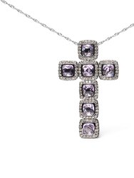 Rhodium Plated 18K Rose Gold 1 1/2 Cttw Brown Diamonds & Cushion Cut Rose De France Amethyst Halo Cross 18" Necklace - Brown Color, SI1-SI2 Clarity - Rose/Black