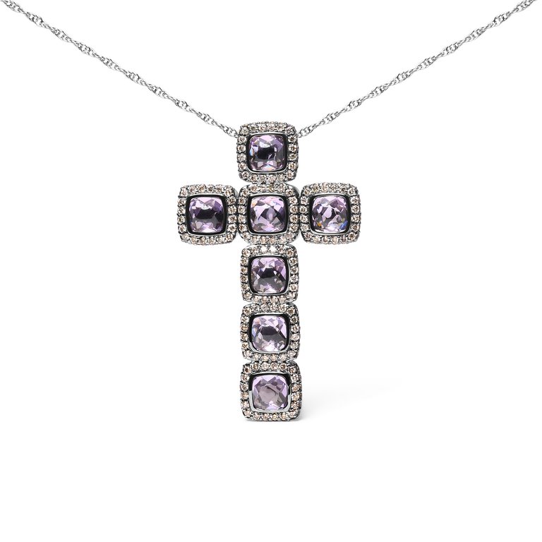 Rhodium Plated 18K Rose Gold 1 1/2 Cttw Brown Diamonds & Cushion Cut Rose De France Amethyst Halo Cross 18" Necklace - Brown Color, SI1-SI2 Clarity - Rose/Black