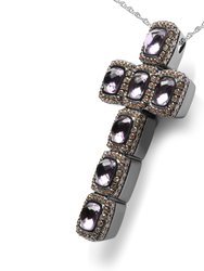 Rhodium Plated 18K Rose Gold 1 1/2 Cttw Brown Diamonds & Cushion Cut Rose De France Amethyst Halo Cross 18" Necklace - Brown Color, SI1-SI2 Clarity