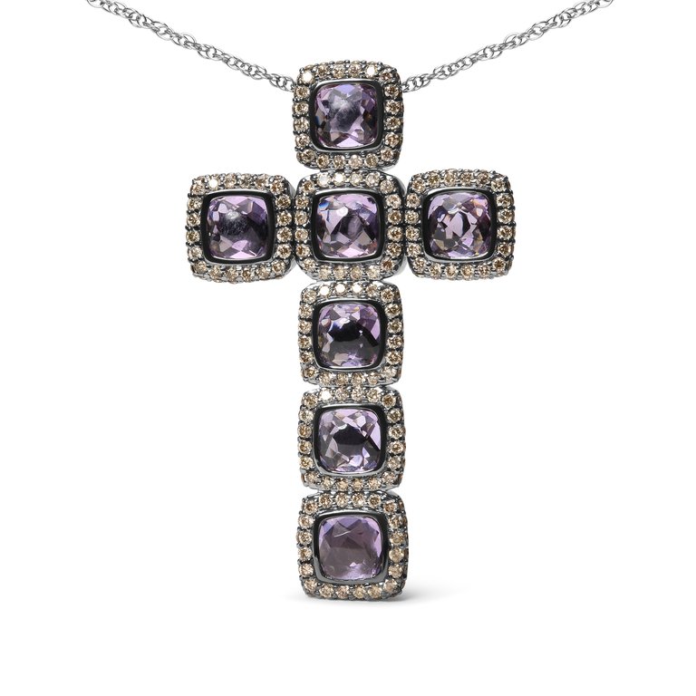 Rhodium Plated 18K Rose Gold 1 1/2 Cttw Brown Diamonds & Cushion Cut Rose De France Amethyst Halo Cross 18" Necklace - Brown Color, SI1-SI2 Clarity