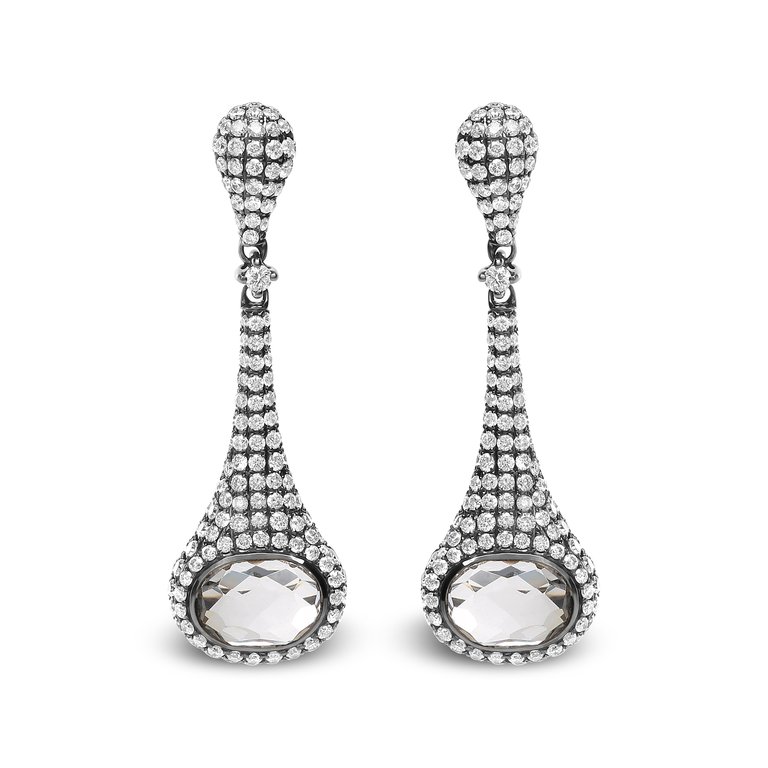 Rhodium Plated 18K White Gold 1 3/8 Cttw Pave Diamonds & 8x6mm Oval Quartz Gemstone Sculptural Drop and Dangle Earrings - G-H Color, SI1-SI2 Clarity - White/Black