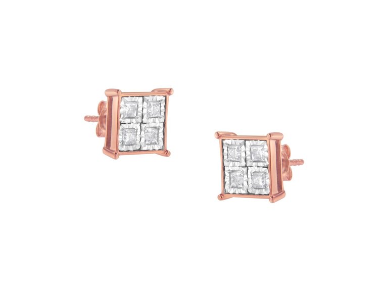 Rose Gold Plated Sterling Silver Diamond Composite Stud Earrings - Rose