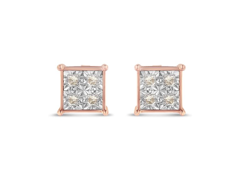 Rose Plated Sterling Silver Princess Diamond Quad Stud Earrings - Rose