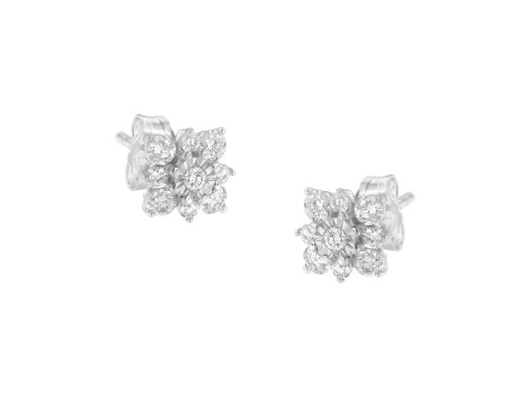 Sterling Silver Diamond Flower Stud Earrings - Sterling Silver