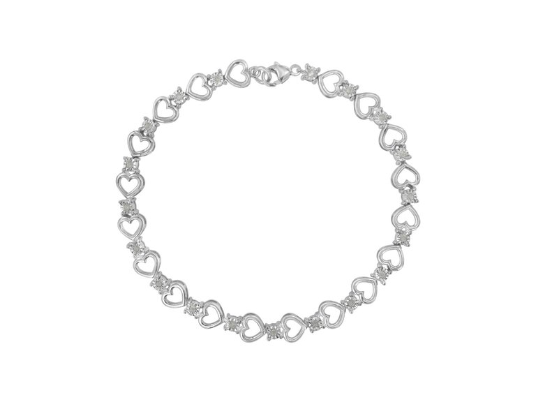 Sterling Silver Diamond Heart Link Bracelet - White