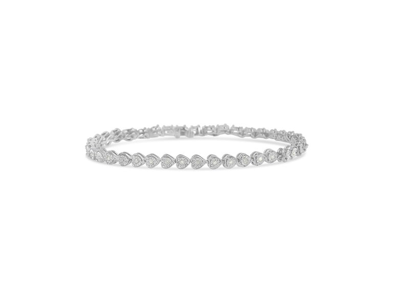 Sterling Silver Diamond Heart Tennis Link Bracelet - Silver