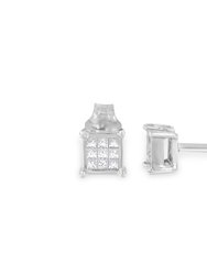 Sterling Silver Multi-Stone Princess-Cut Diamond Stud Earring