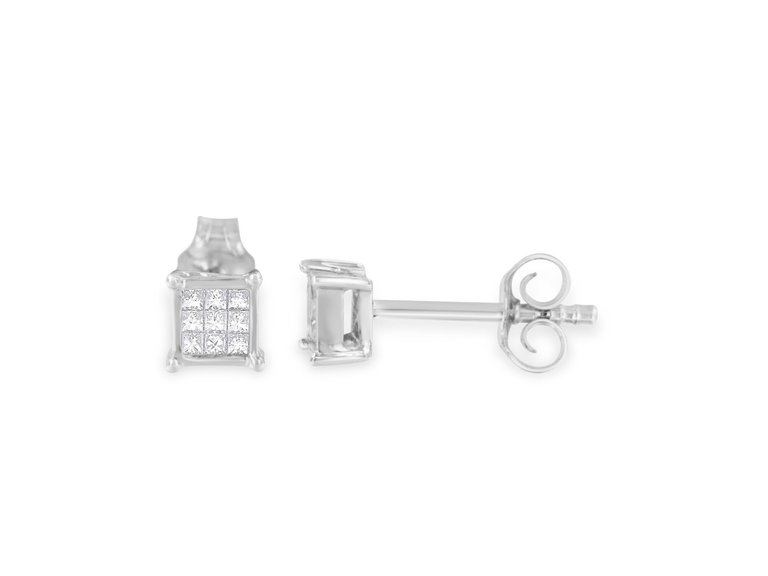 Sterling Silver Multi-Stone Princess-Cut Diamond Stud Earring