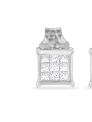 Sterling Silver Princess Cut Diamond Square Stud Earrings - White