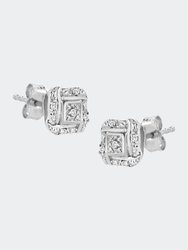 Sterling Silver Round Cut Diamond Square Stud Earrings