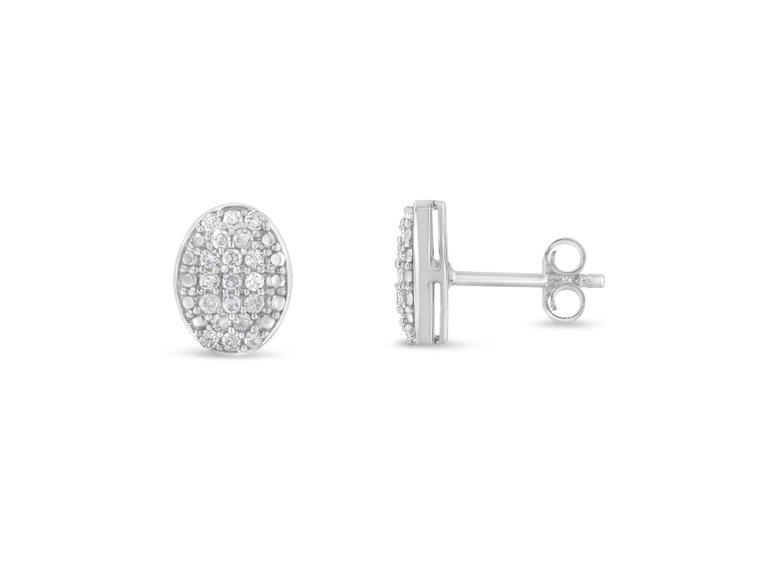 Sterling Silver Round Diamond Oval Cluster Earrings