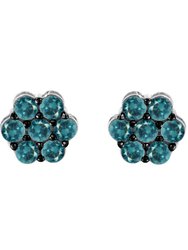 Sterling Silver Treated Blue Diamond Floral Stud Earrings - Silver